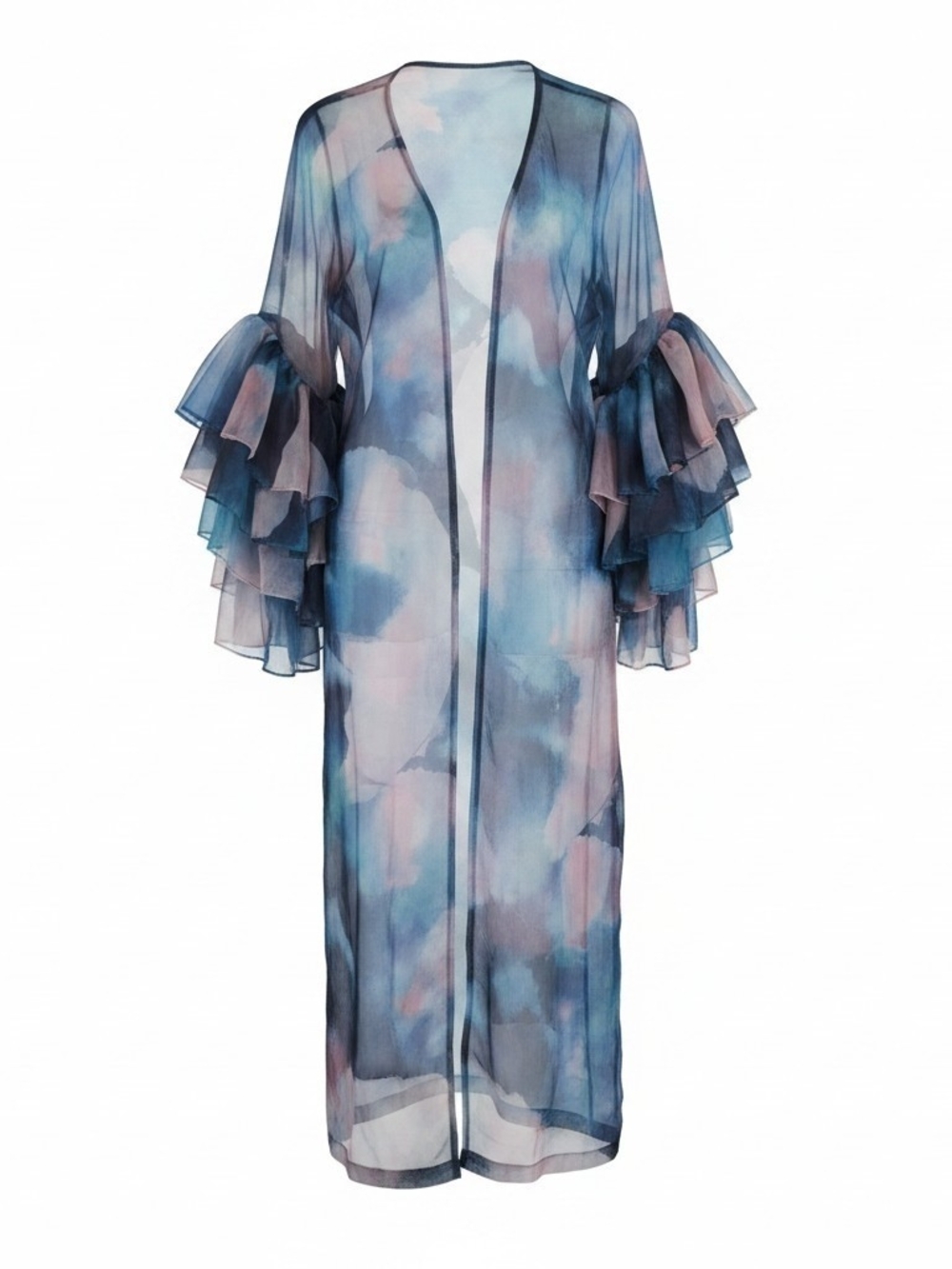 Anthropologie Sheer Watercolor Kimono Duster Ruffle Sleeve One Size - Picture 2 of 9
